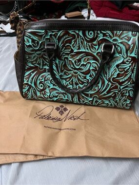 Patricia Nash Turquoise and Brown Tooled Leather Satchel